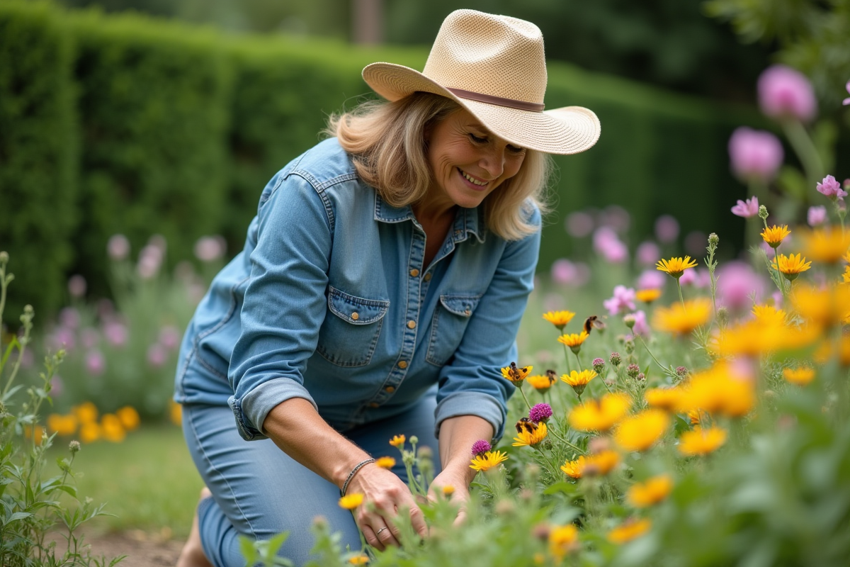 Femme en chemise en denim et chapeau de paille dans un jardin