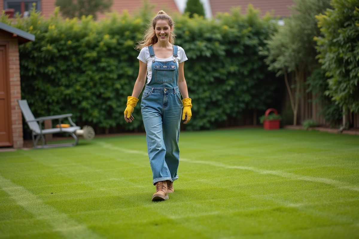 Jeune femme en salopette inspecte la pelouse dans le jardin