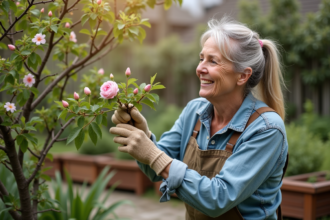 Femme jardinant examinant des bourgeons de fleurs
