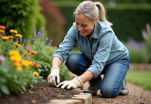Éviter les mauvaises herbes dans un massif : astuces pratiques et efficaces Femme en jardinage avec gants et fleurs colorées