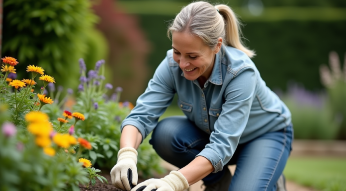 Femme en jardinage avec gants et fleurs colorées