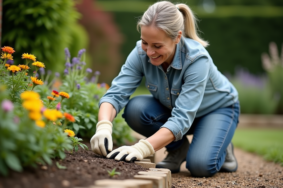 Femme en jardinage avec gants et fleurs colorées