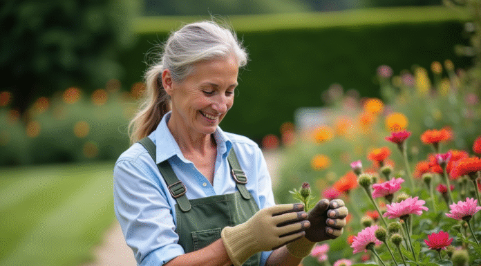 Femme en jardinage cueillant des fleurs éclatantes