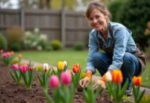Femme souriante en jardinage plantant des bulbes de fleurs