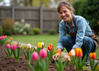 Bulbes fleurissant longtemps : quelles variétés choisir pour votre jardin ? Femme souriante en jardinage plantant des bulbes de fleurs
