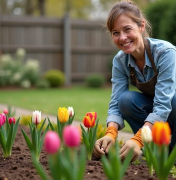 Bulbes fleurissant longtemps : quelles variétés choisir pour votre jardin ? Femme souriante en jardinage plantant des bulbes de fleurs