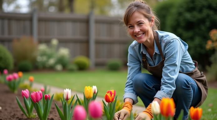 Femme souriante en jardinage plantant des bulbes de fleurs