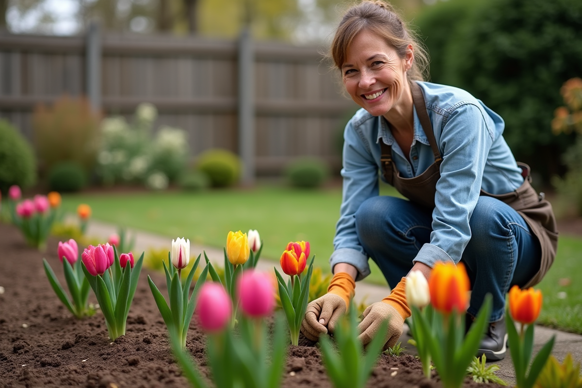 Femme souriante en jardinage plantant des bulbes de fleurs