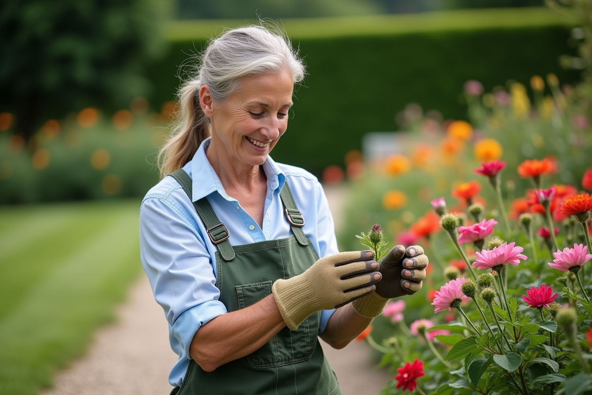 Femme en jardinage cueillant des fleurs éclatantes
