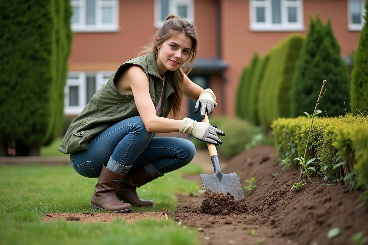Jeune femme en gants et bottes utilisant une fourche dans le jardin