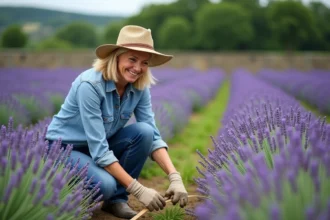 Femme en jardinage lavande en pleine nature