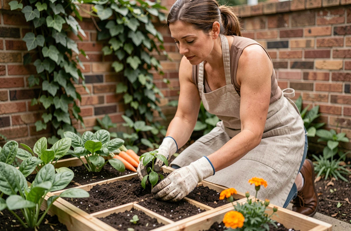 Femme jardinant un potager en carré dans une cour urbaine, repiquant des plants dans des carrés de terre bien délimités