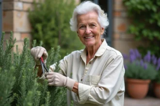 Femme âgée taillant un romarin dans le jardin
