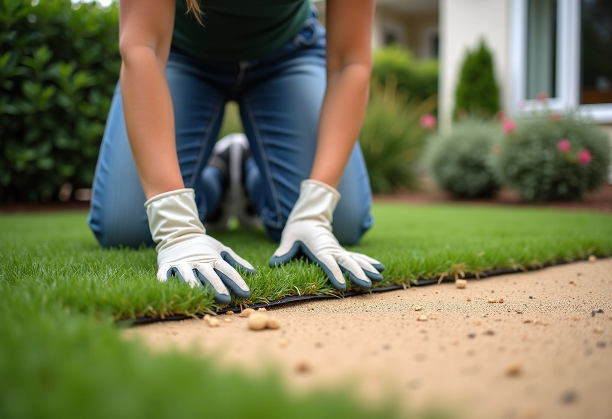 Jeune femme tampant du sable dans le jardin