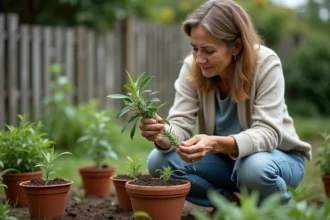 Femme en jardinage tenant de la sauge fraîche