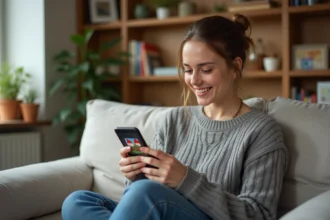 Femme jouant à un jeu de nain de jardin sur smartphone dans un salon confortable