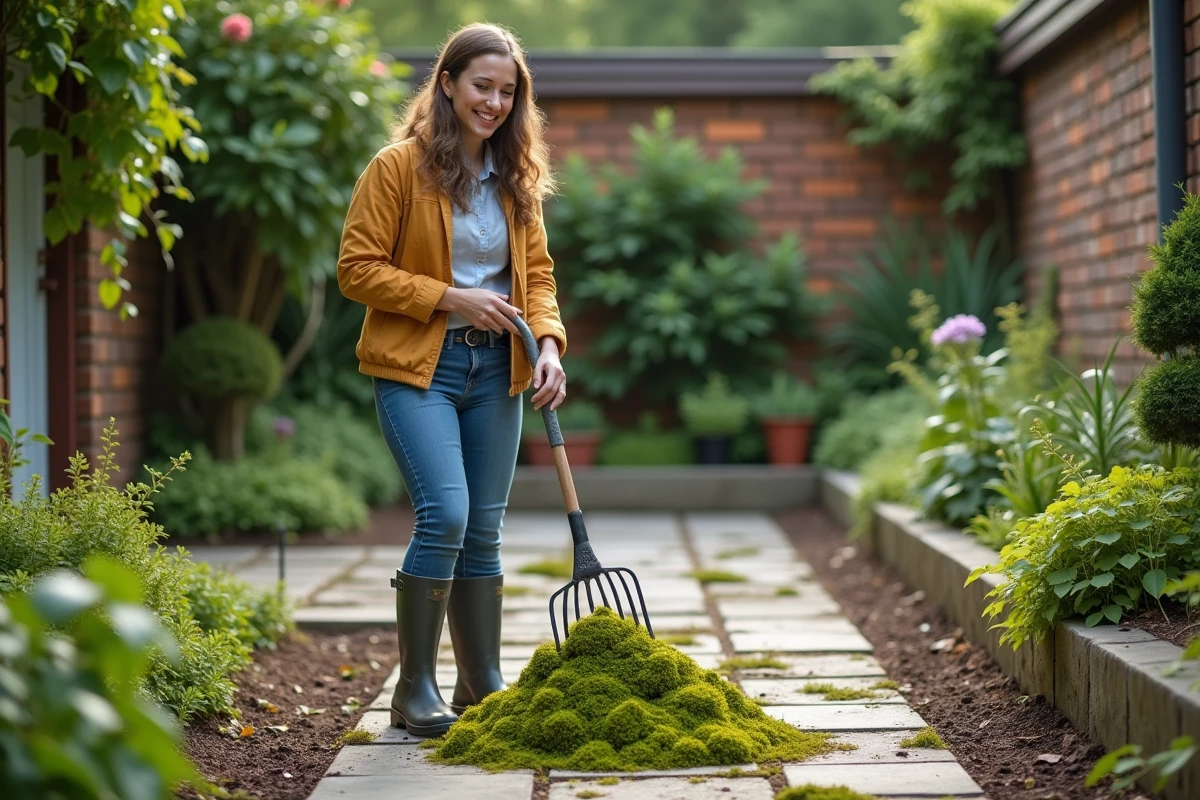 Femme avec râteau ramassant la mousse dans le jardin