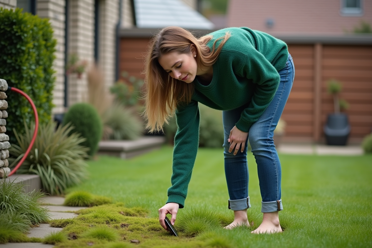 Jeune femme observant la mousse dans son jardin