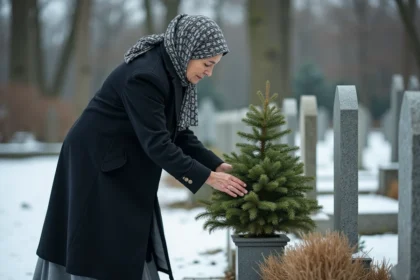 Femme musulmane âgée dans un cimetiere en hiver avec plante verte
