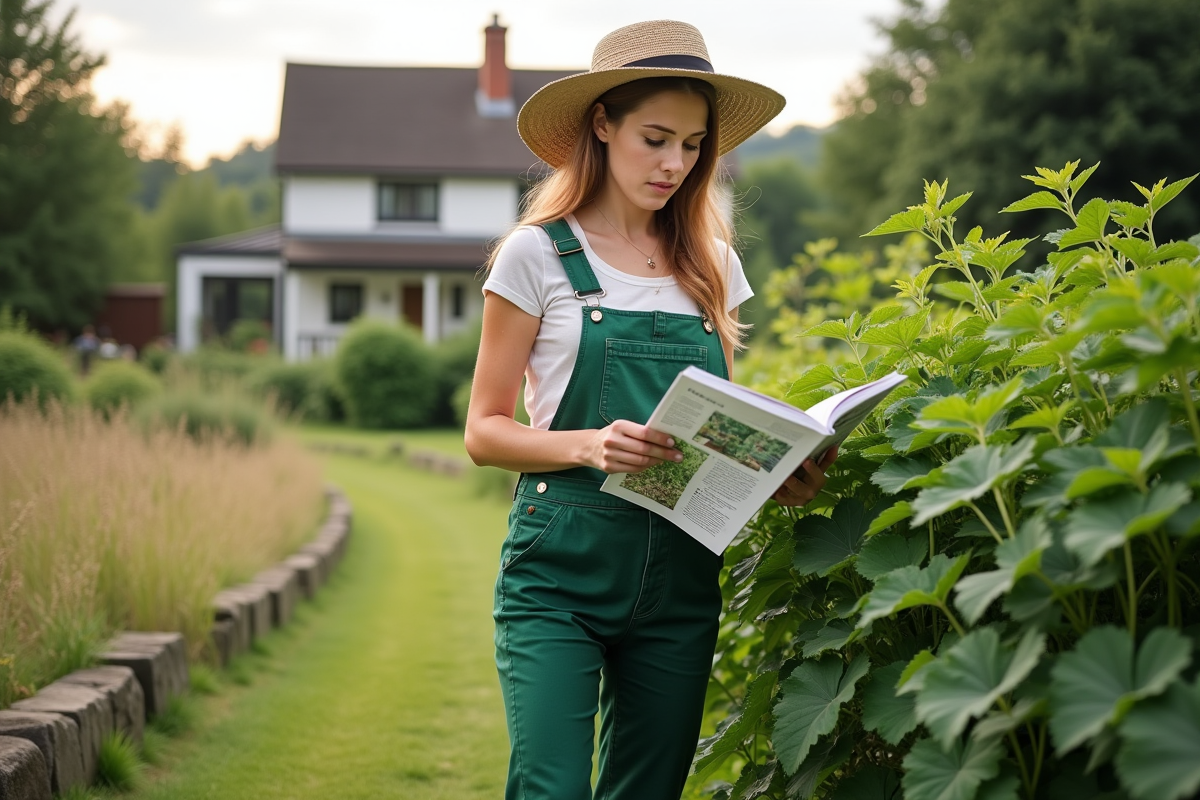 Jeune femme en overalls verts avec guide de jardinage près des orties