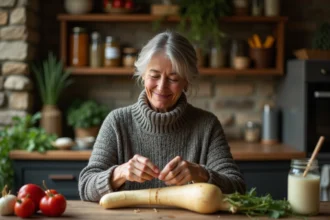 Femme d'âge moyen peignant un salsify dans une cuisine rustique