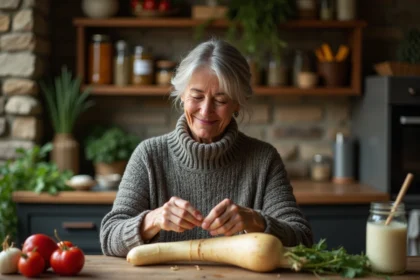 Femme d'âge moyen peignant un salsify dans une cuisine rustique