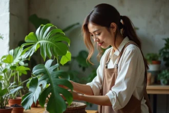 Femme inspectant une grande feuille de Monstera dans un appartement lumineux