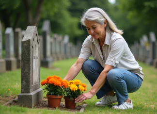 Plante pour cimetière : quel choisir pour un coin ensoleillé ? Femme arrangeant des marguerites près d'une tombe