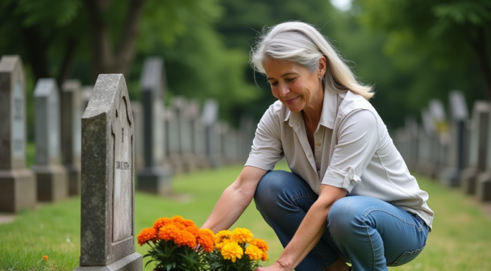 Femme arrangeant des marguerites près d'une tombe