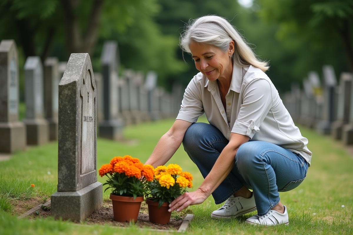 Femme arrangeant des marguerites près d'une tombe