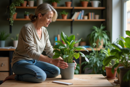 Femme plantant une plante verte dans un vase à la maison
