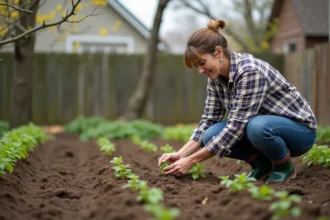 Femme en jeans plantant des patates douces dans le jardin