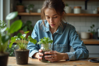 Femme inspectant des tiges de plantes en eau dans la cuisine