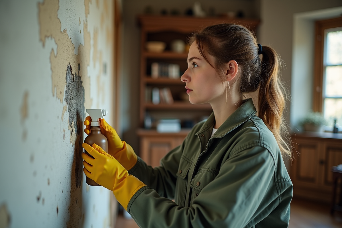 Jeune femme appliquant un produit anti-moisissure sur un mur