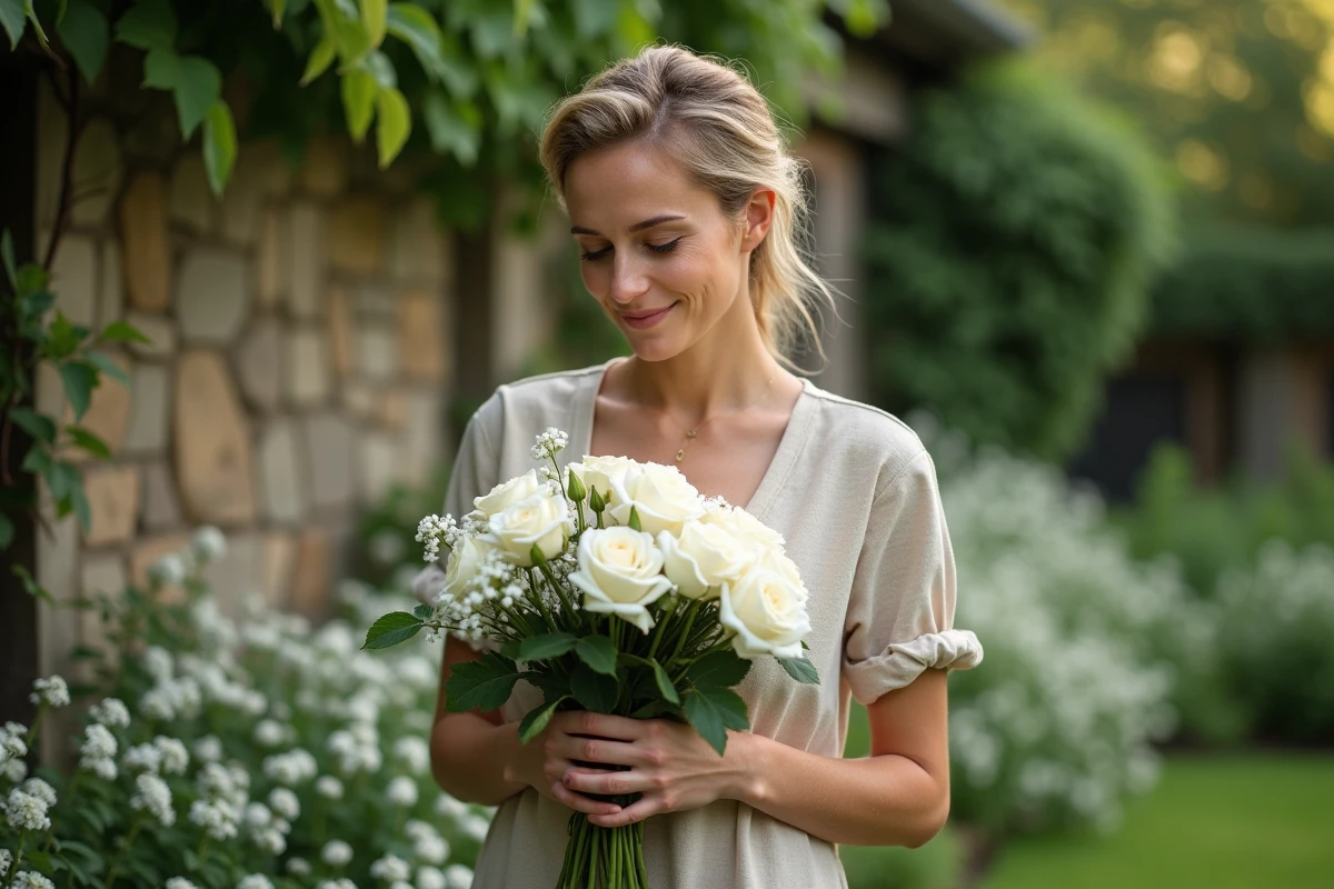Femme tenant un bouquet de roses blanches dans un jardin de cottage — symbolisme et signification des fleurs blanches