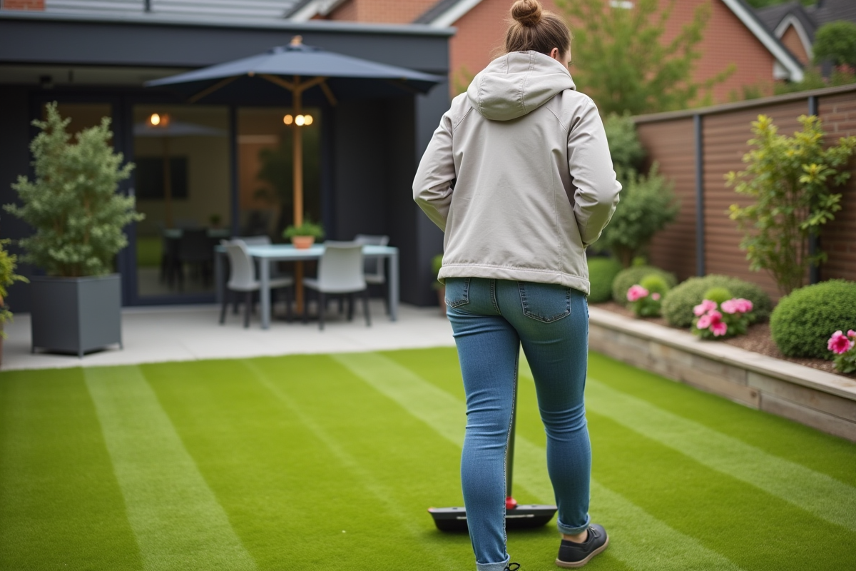 Femme utilisant un scarificateur sur une pelouse bien entretenue