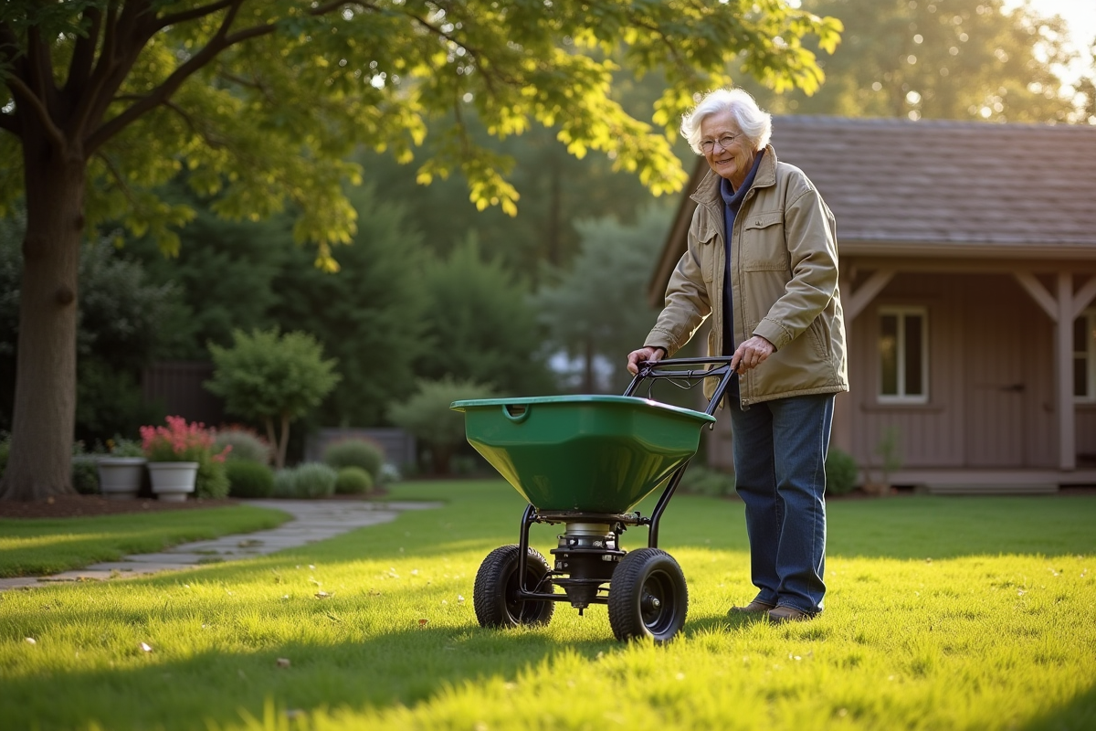 Femme utilisant un épandeur pour fongicide dans le jardin