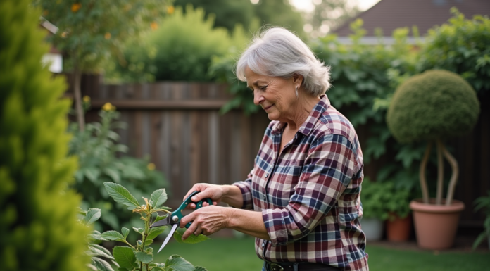 Femme taillant une branche dans un jardin verdoyant