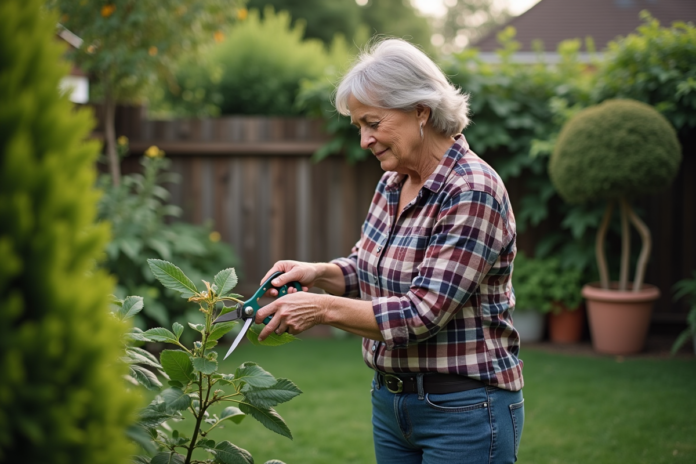 femme-taillant-branches-jardin Femme taillant une branche dans un jardin verdoyant