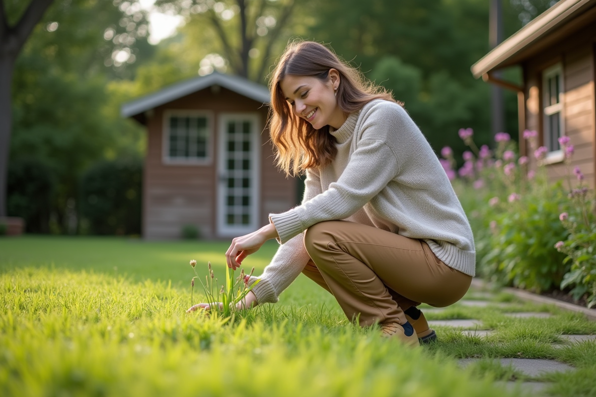 Femme examinant le gazon dans son jardin avec concentration