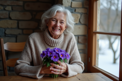 Femme souriante tenant un bouquet de violets dans une pièce chaleureuse