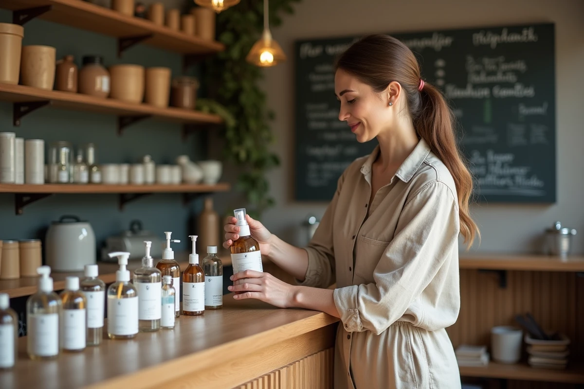 Femme remplissant un spray dans un magasin zéro déchet