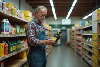 Fermeur français examine une bouteille en magasin agricole