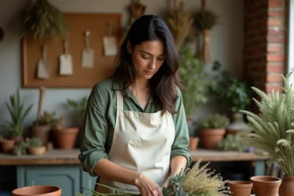Fleuriste arrangeant un bouquet botanique séché avec feuilles d'eucalyptus et pampa dans un atelier artisanal