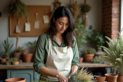 Fleuriste arrangeant un bouquet botanique séché avec feuilles d'eucalyptus et pampa dans un atelier artisanal