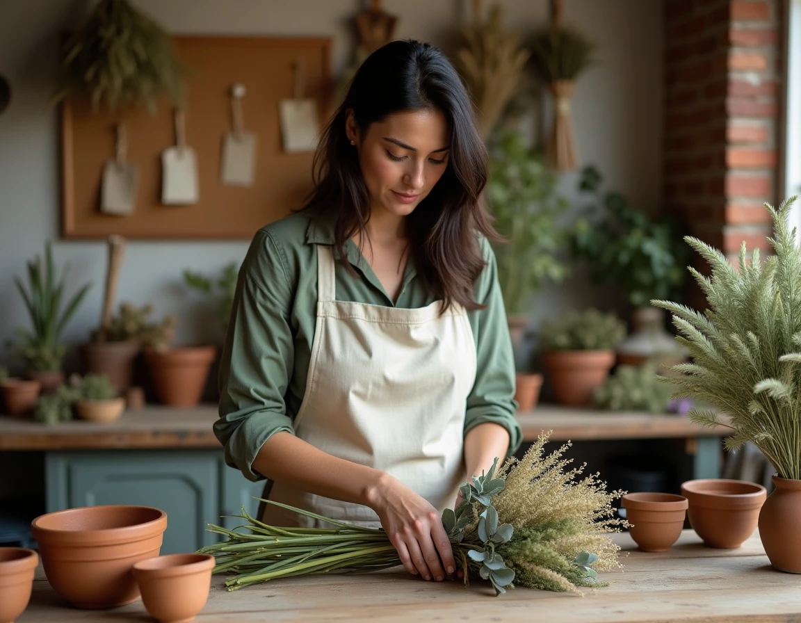 Fleuriste arrangeant un bouquet botanique séché avec feuilles d'eucalyptus et pampa dans un atelier artisanal