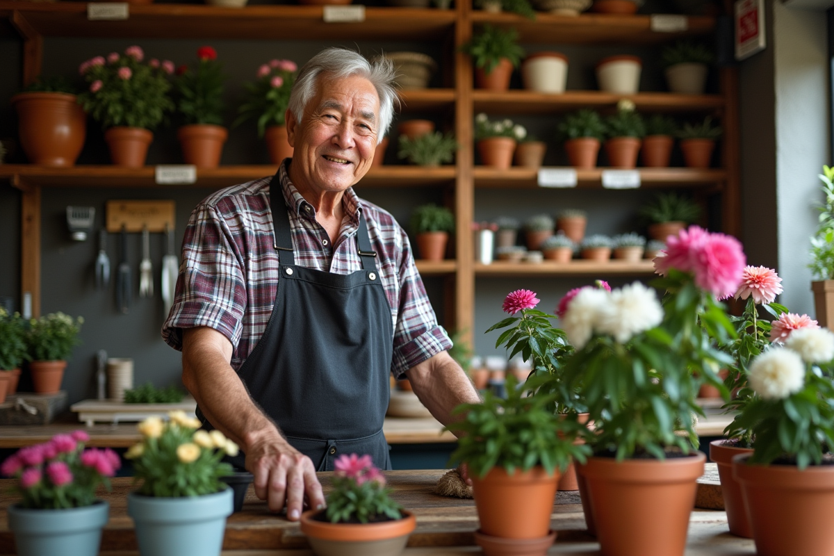 Fleuriste âgé dans sa boutique de fleurs automnales