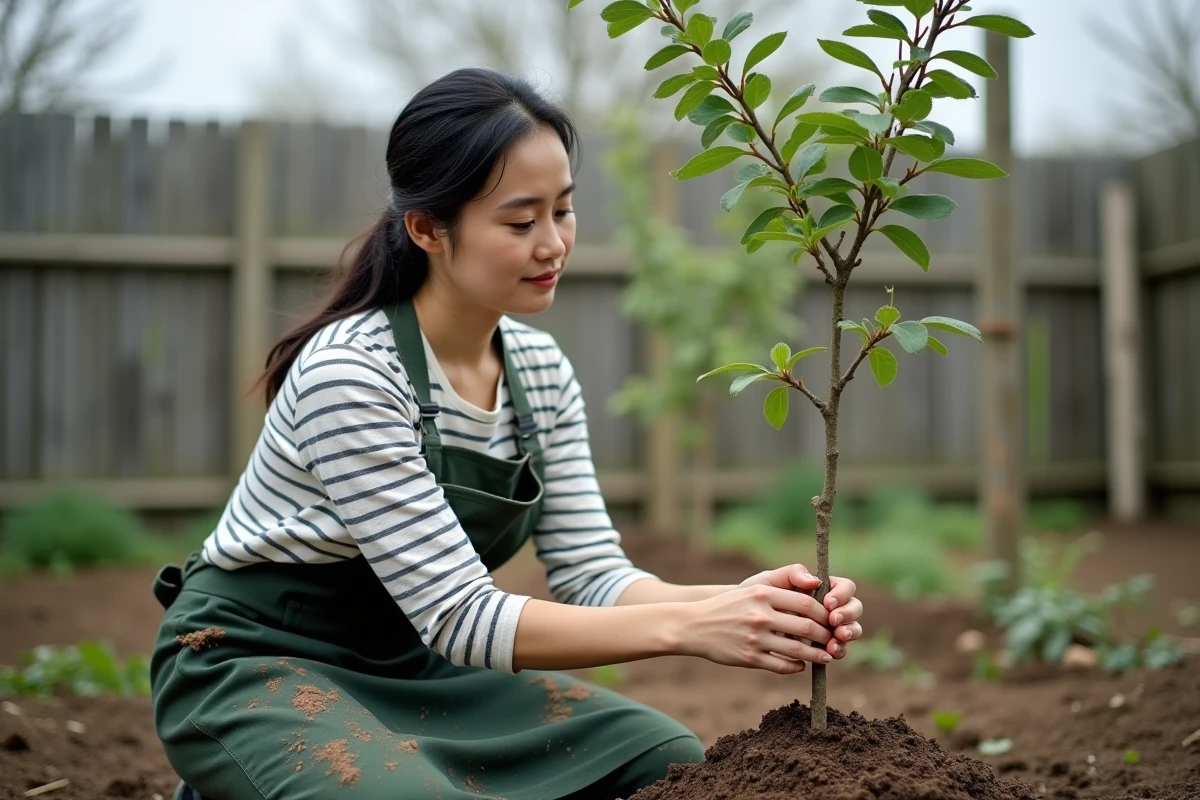 Jeune femme évaluant la structure d'un mûrier fruitier nouvellement planté dans un potager