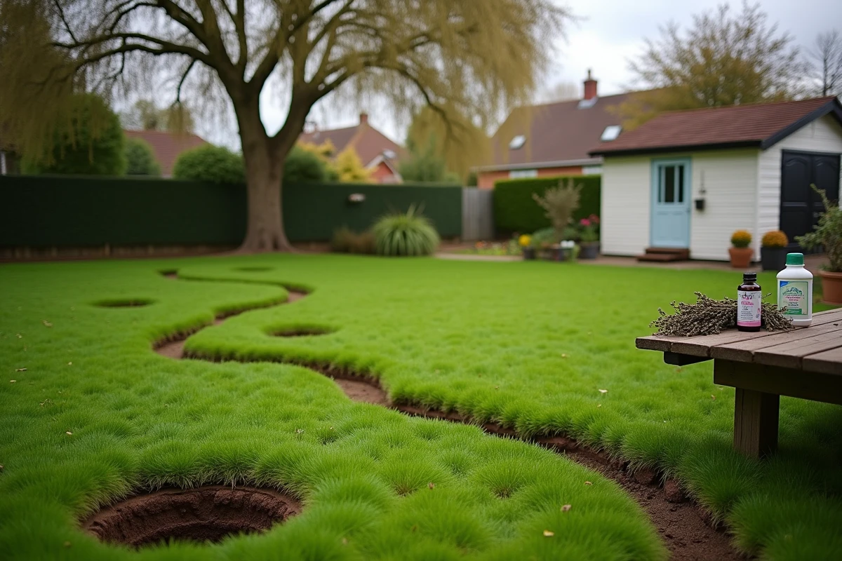 Vue d'ensemble d'un jardin envahi par des galeries de taupes avec des solutions naturelles de répulsion disposées sur une table