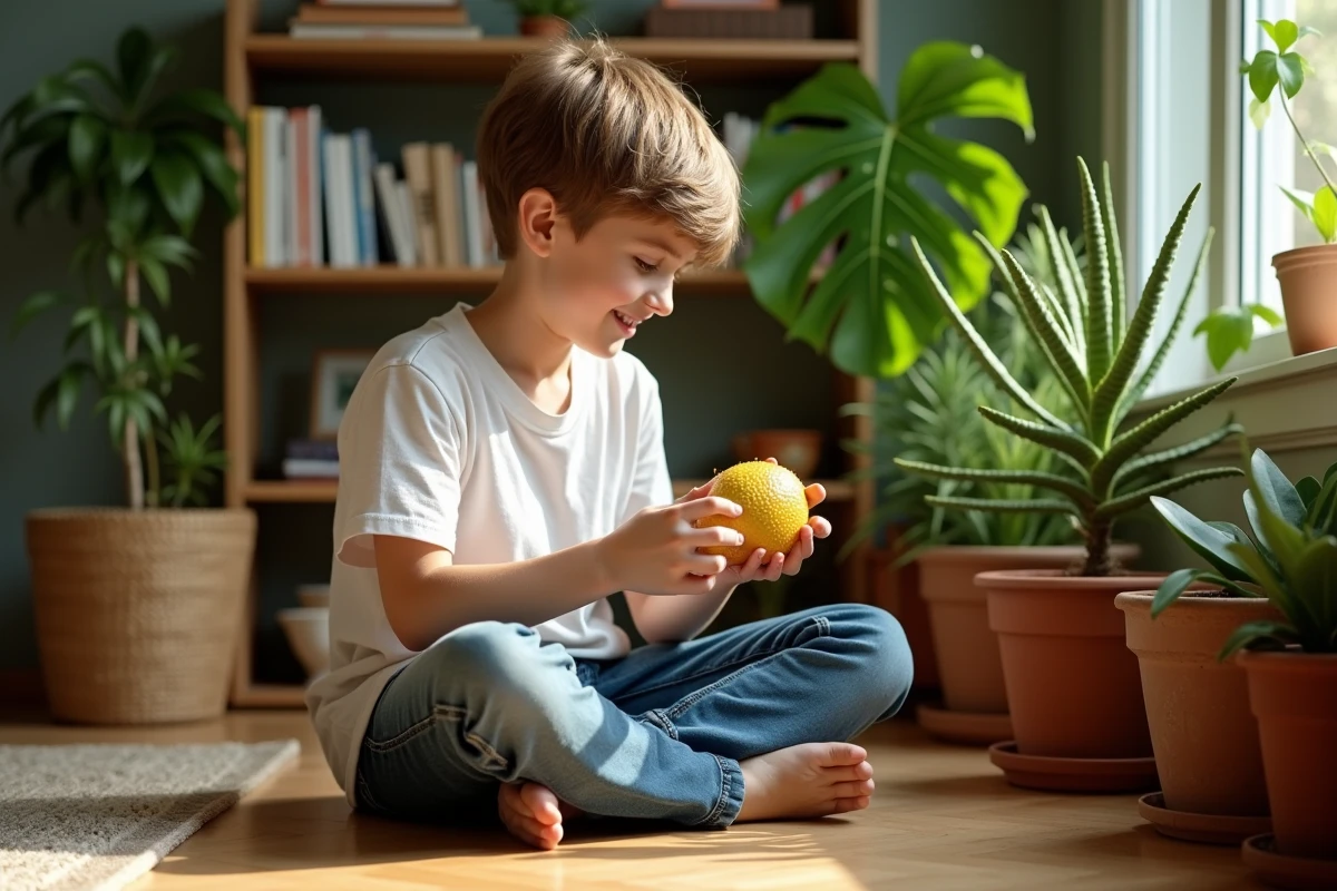 Adolescent récoltant un fruit de Monstera dans un salon cosy